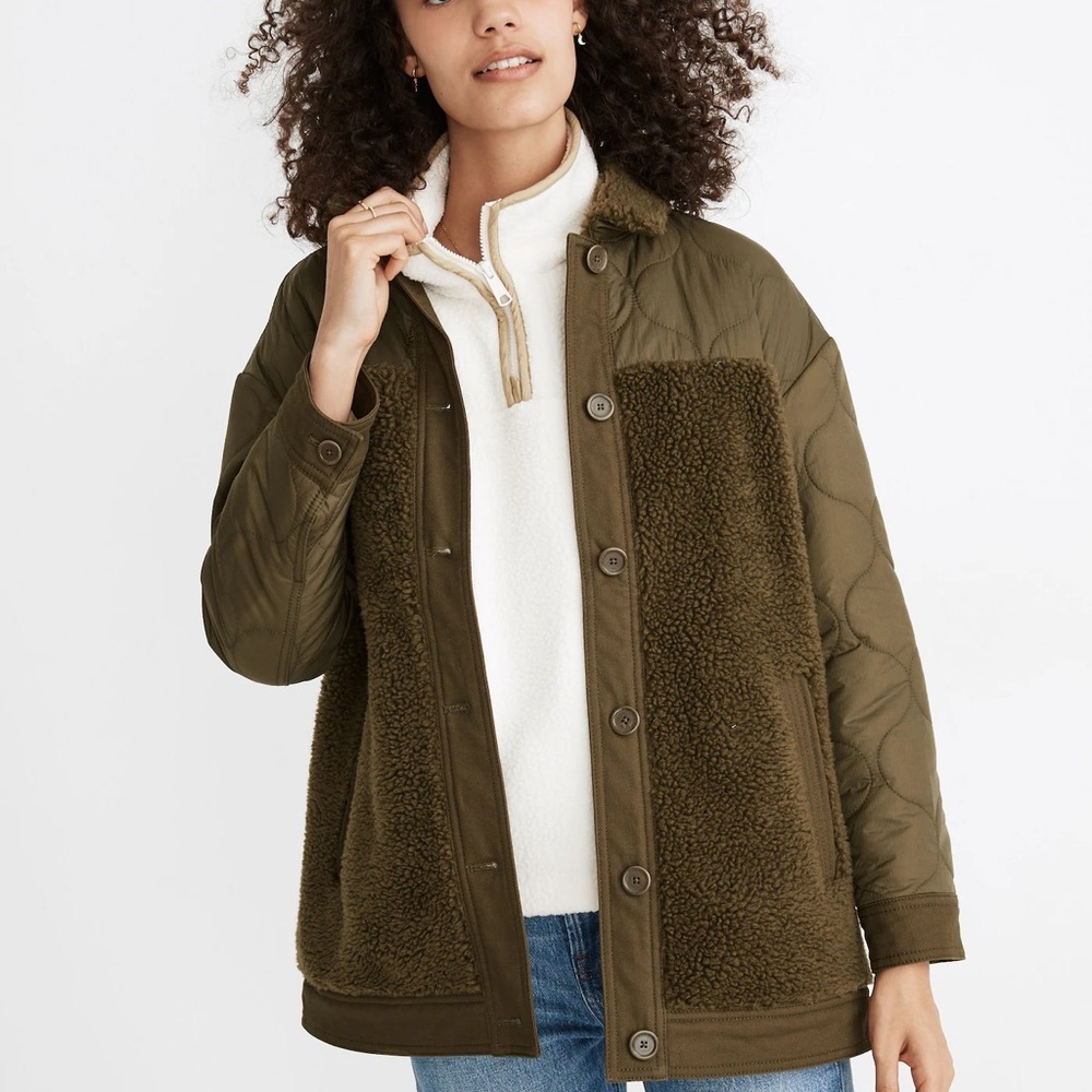Madewell Olive Green Quilted & Sherpa Puffer Jacket